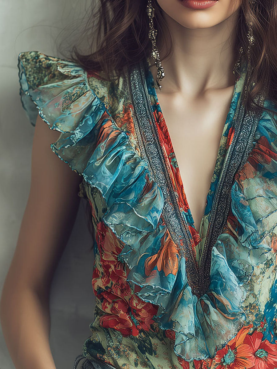 Vintage V-Neck Floral Chiffon Sleeveless Ruffle Blouse