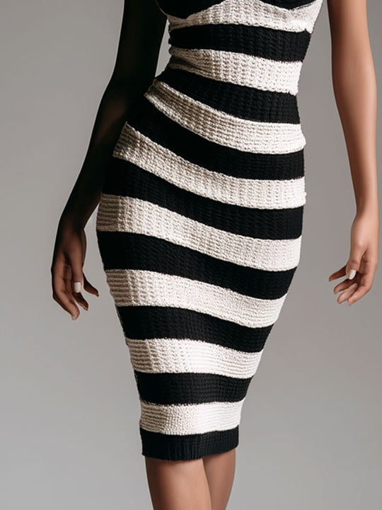 Modern Chic Black And White Striped Knit Bodycon Midi Dress