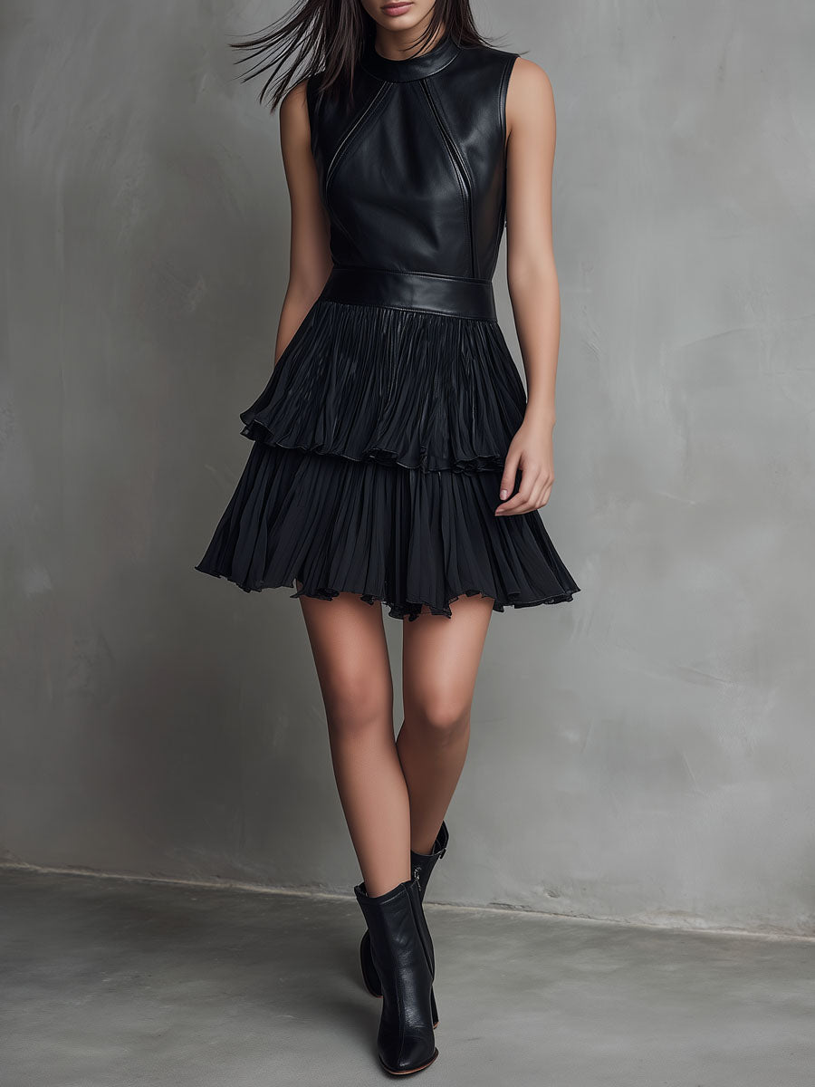 Chic Black Eco Leather & Pleated Chiffon Tiered Skirt Mini Dress
