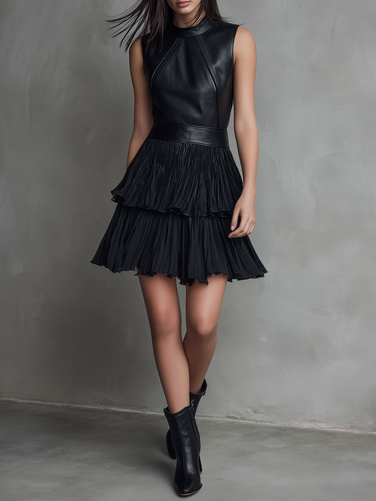 Chic Black Eco Leather & Pleated Chiffon Tiered Skirt Mini Dress