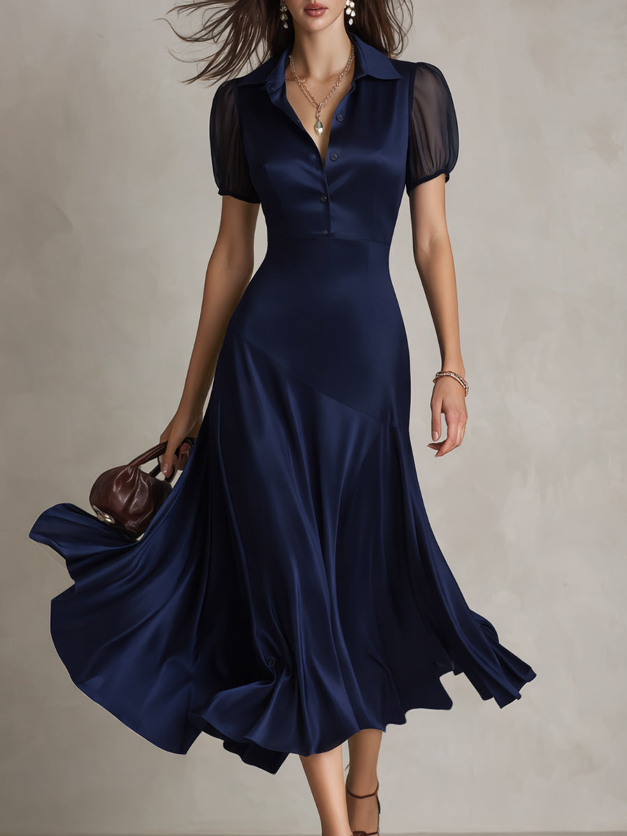 Elegant Deconstructed Satin Puff-Sleeve Midi Dress