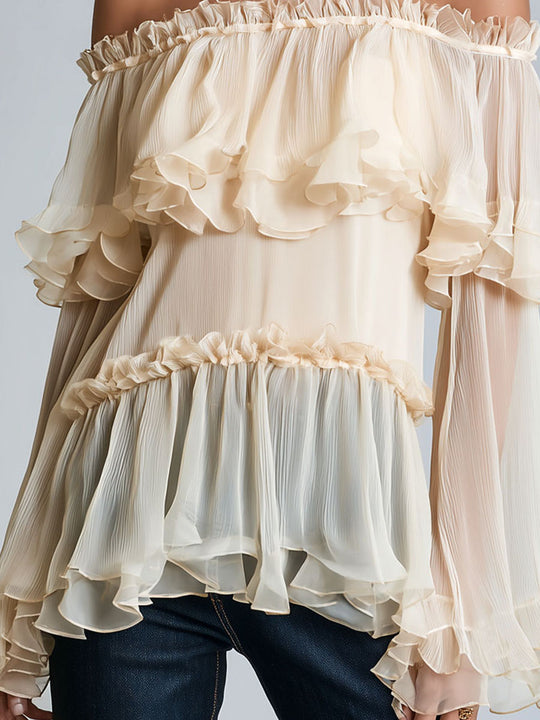 Quiet Luxury Champagne Off-Shoulder Ruffle Chiffon Blouse