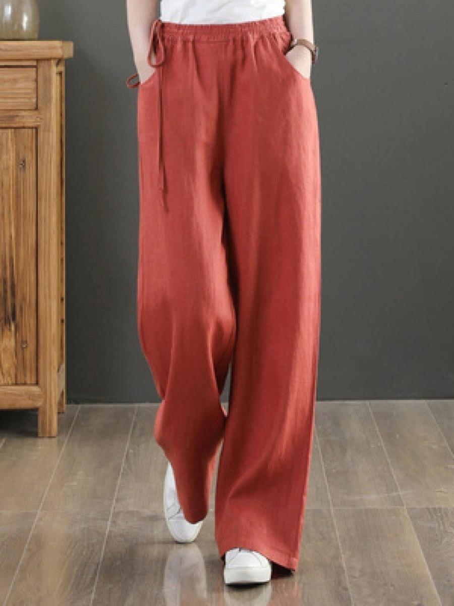 Solid Color Casual Cotton Linen Wide Leg Pants