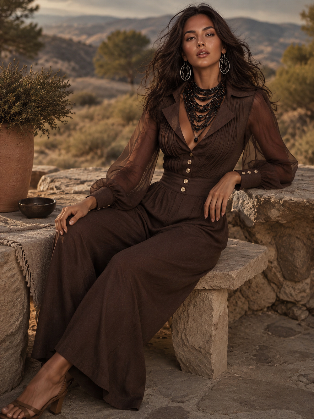 Lapel Collar Sheer Puff Sleeve Ruched Button Front Wide Leg Jumpsuit