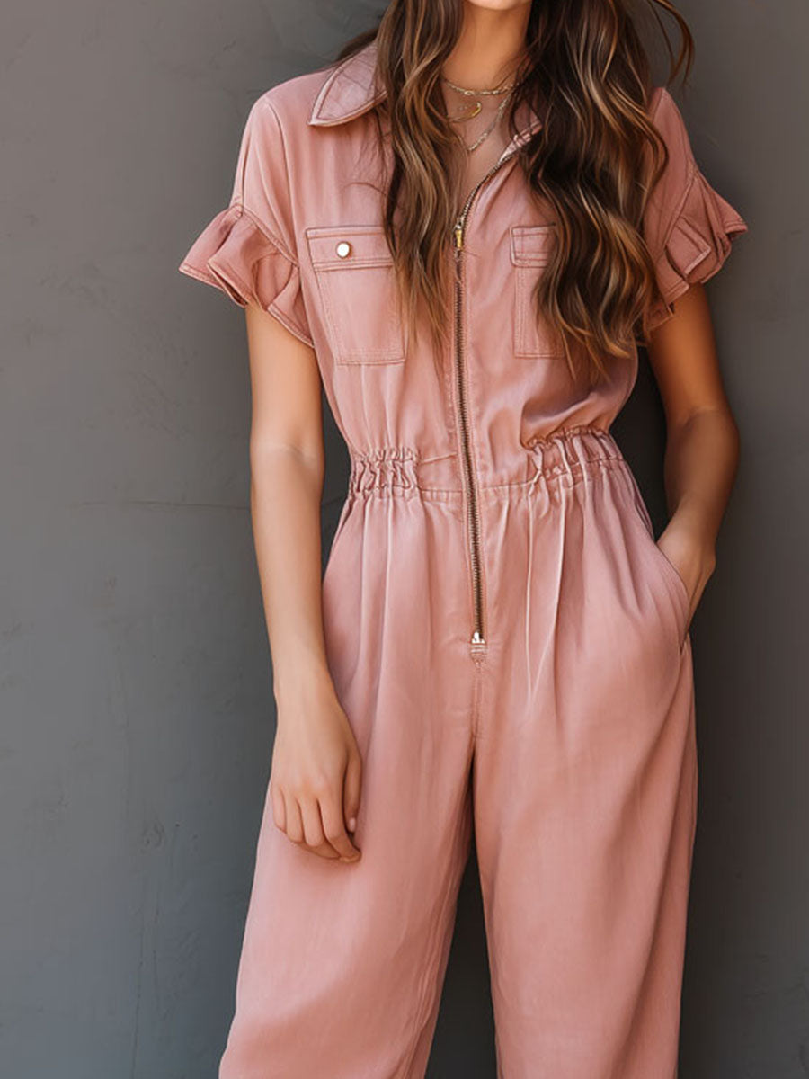 Boho Blush Pink Ruffled Hem Utility Jumpsuit