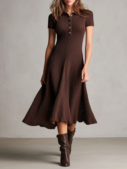 Quiet Luxury Chocolate Textured Knit Polo Midi Dress
