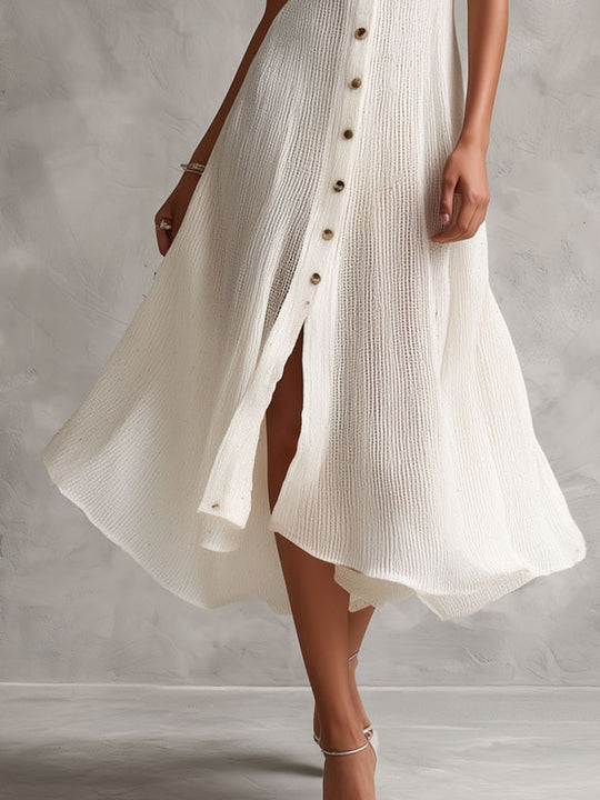 Quiet Luxury Ivory Mesh Knit Sleeveless Midi Dress With Flared Hem