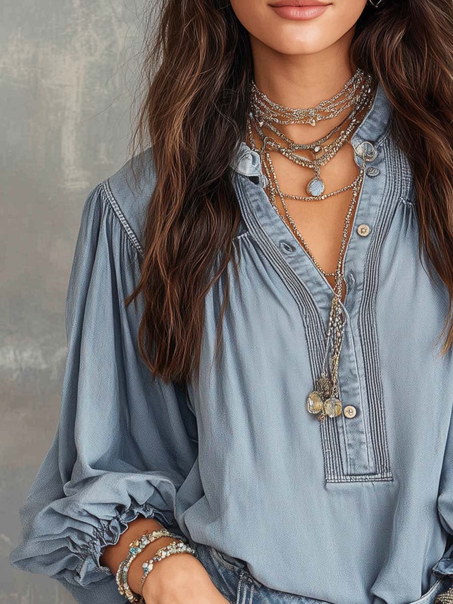 Retro Pleated Shoulder Denim Blouse
