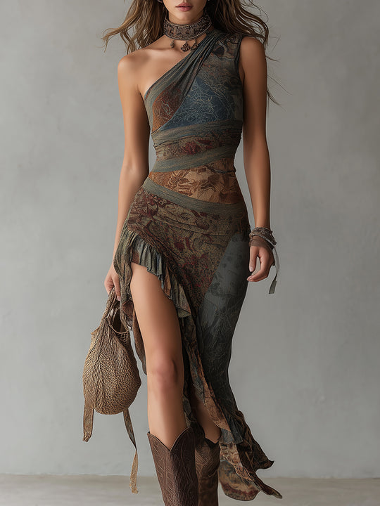 Retro Ethnic Style Printed One-shoulder High Slit Maxi Dress