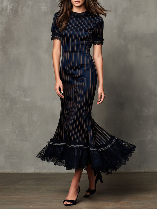 Retro Elegant Navy Pinstripe Mermaid Midi Dress With Lace Trim