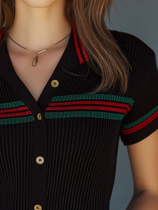 Classic Stripe Pattern Single-breasted Woolen Knit Top