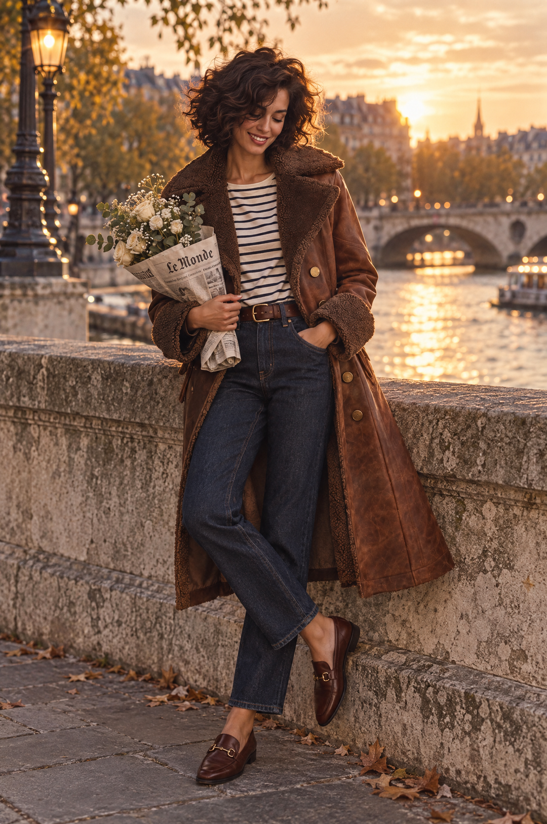 Women's Faux Shearling Trim Leather Trench Coat