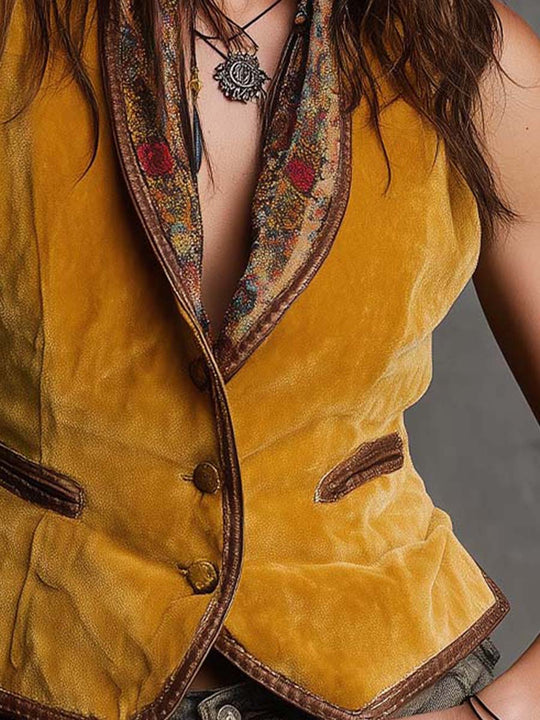 Vintage Velvet Vest With Printed Contrast Lapel