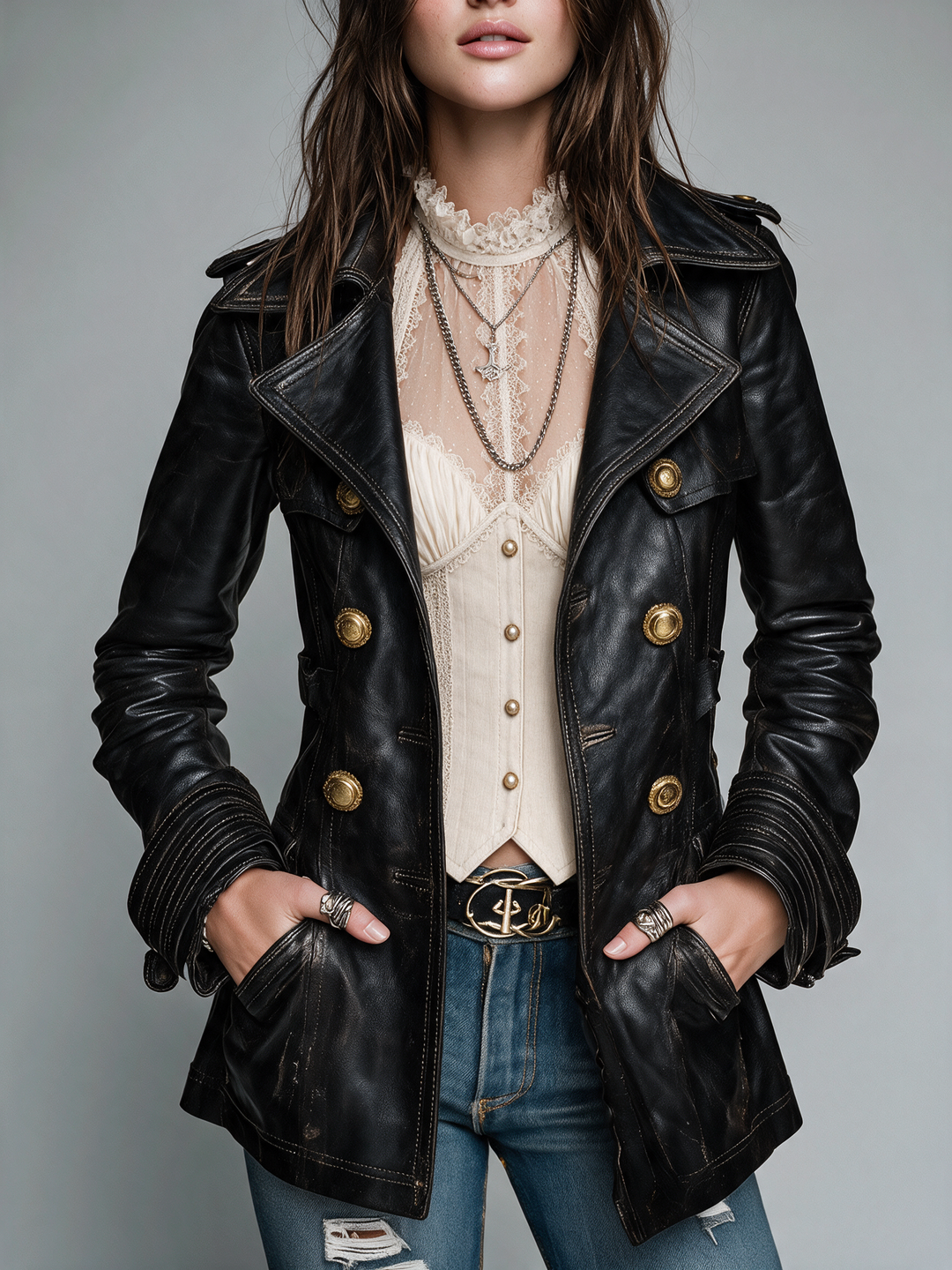 Vintage Black Double-Breasted Faux Leather Jacket