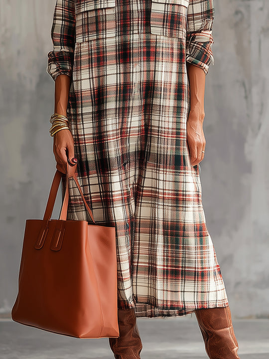 Bohemian Plaid Cotton Blend Shirt Midi Dress