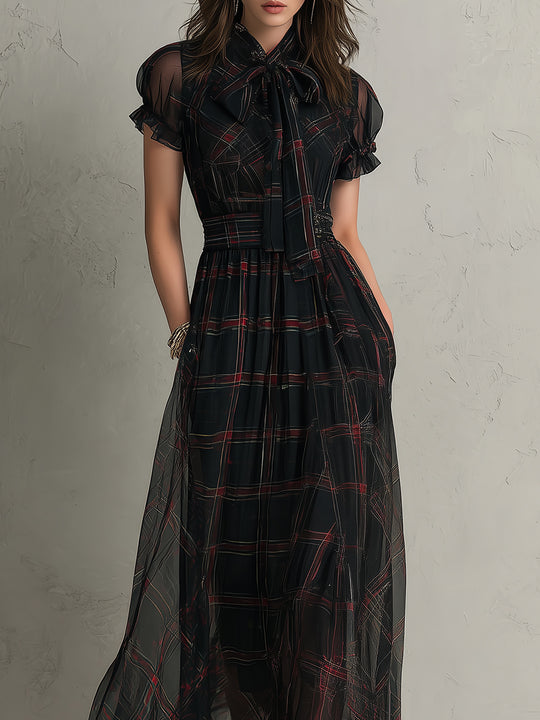 Vintage Plaid Tie Collar Chiffon Maxi Dress