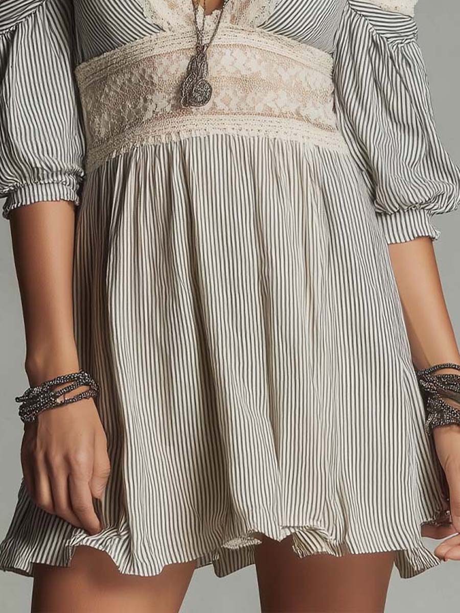 Vintage Boho Lace-Trim Striped Mini Dress