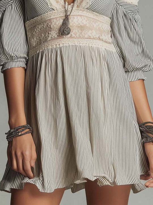 Vintage Boho Lace-Trim Striped Mini Dress