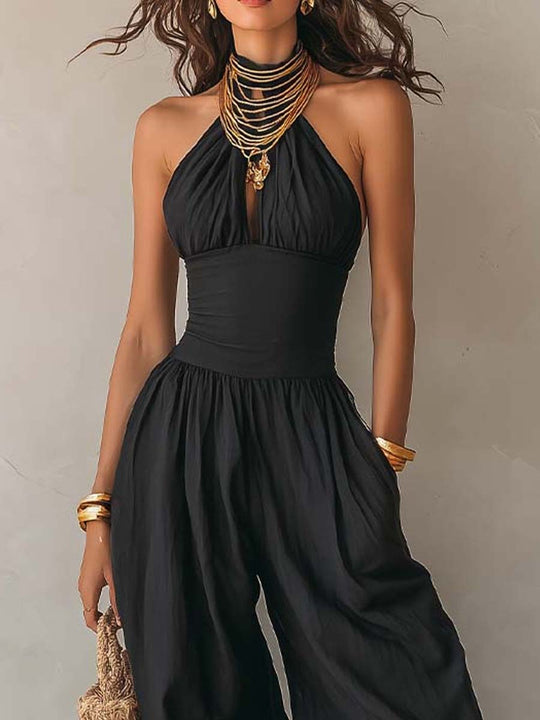 Bohemian Halter Keyhole Balloon-Leg Jumpsuit