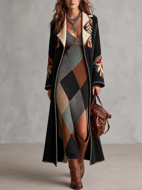 Retro Color-block Argyle Knit Midi Dress