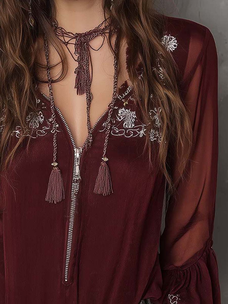 Embroidered Boho Zip-Front Chiffon Blouse