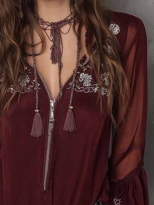 Embroidered Boho Zip-Front Chiffon Blouse