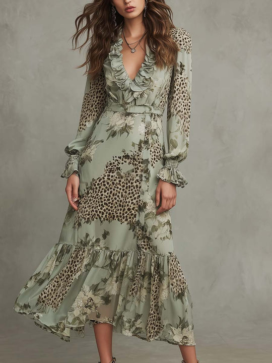 Boho Floral & Leopard Patchwork Ruffle Midi Dress