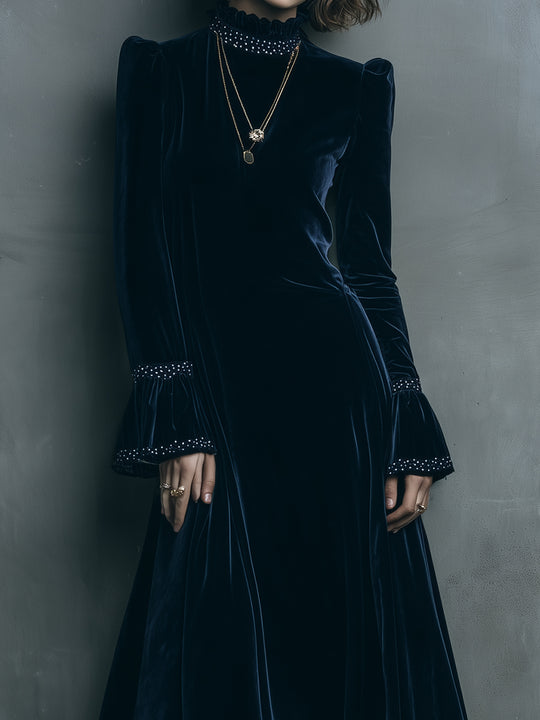 Quiet Luxury Velvet Rhinestone Bell Sleeve Midi Dress