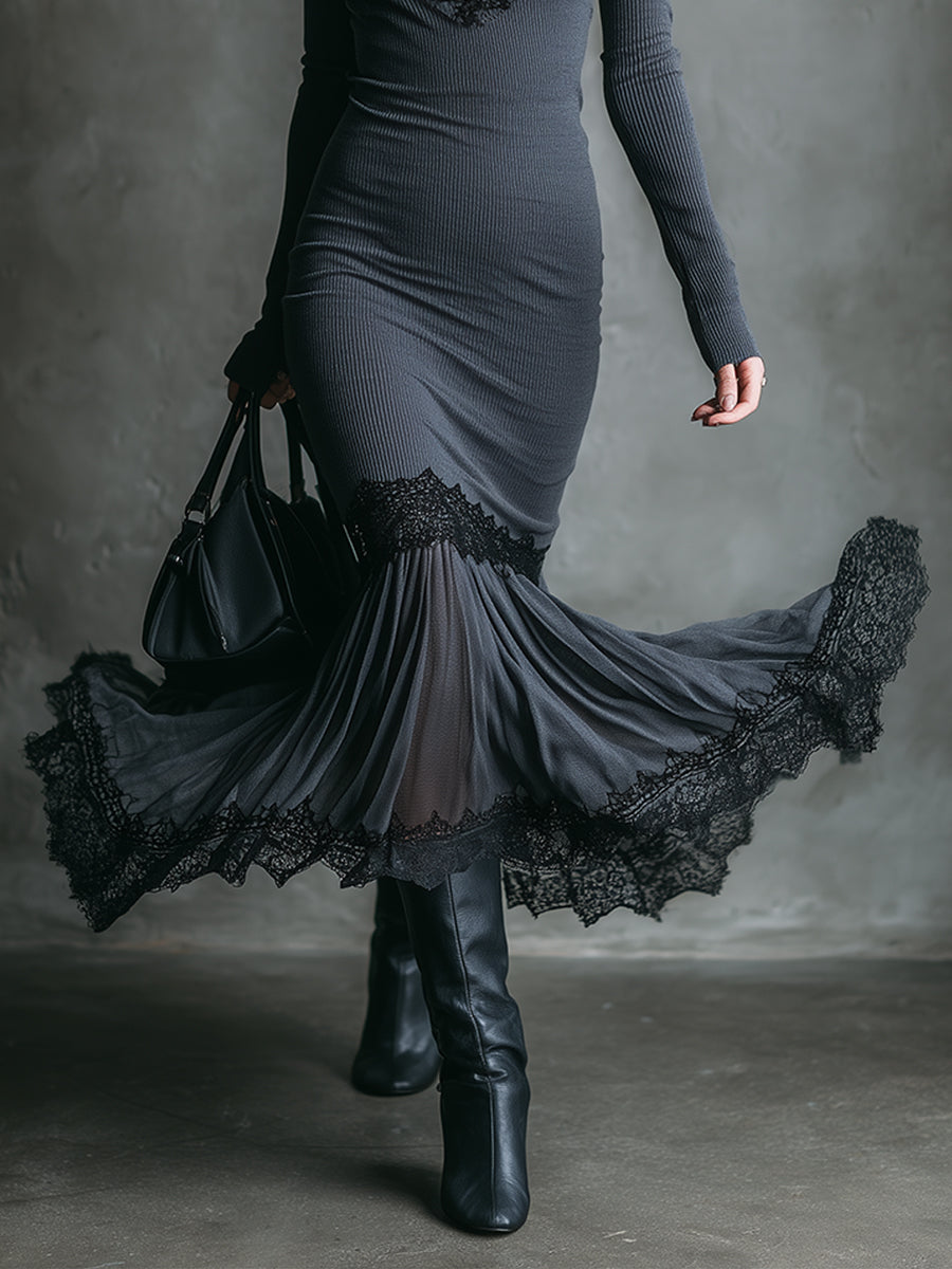 Bohemian Knitted Slim Fit Hip-hugging Wide Swing Fishtail Lace Midi Dress