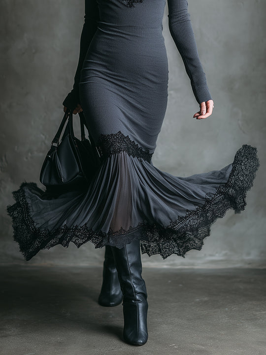 Bohemian Knitted Slim Fit Hip-hugging Wide Swing Fishtail Lace Midi Dress
