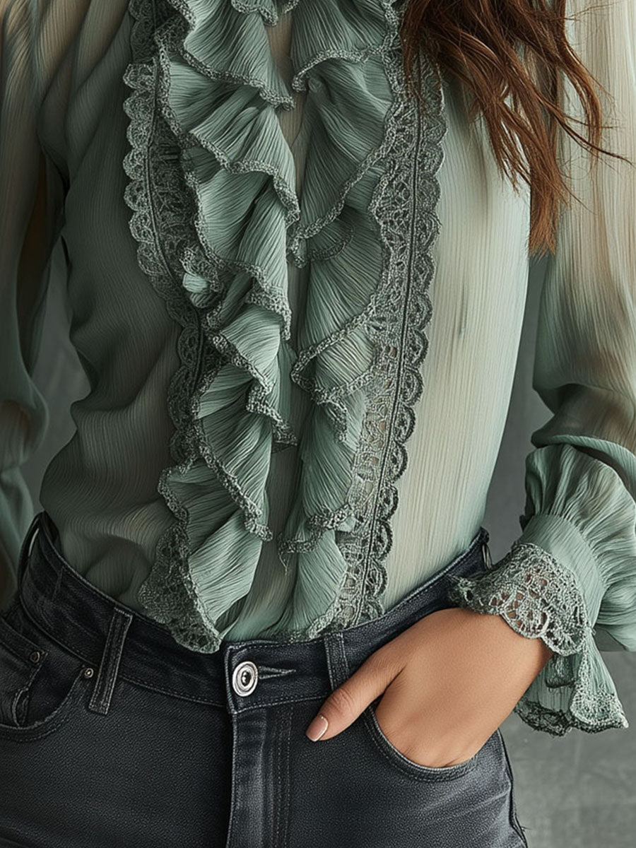 Retro Elegant Sage Green Pleated Chiffon Ruffle Lace Blouse