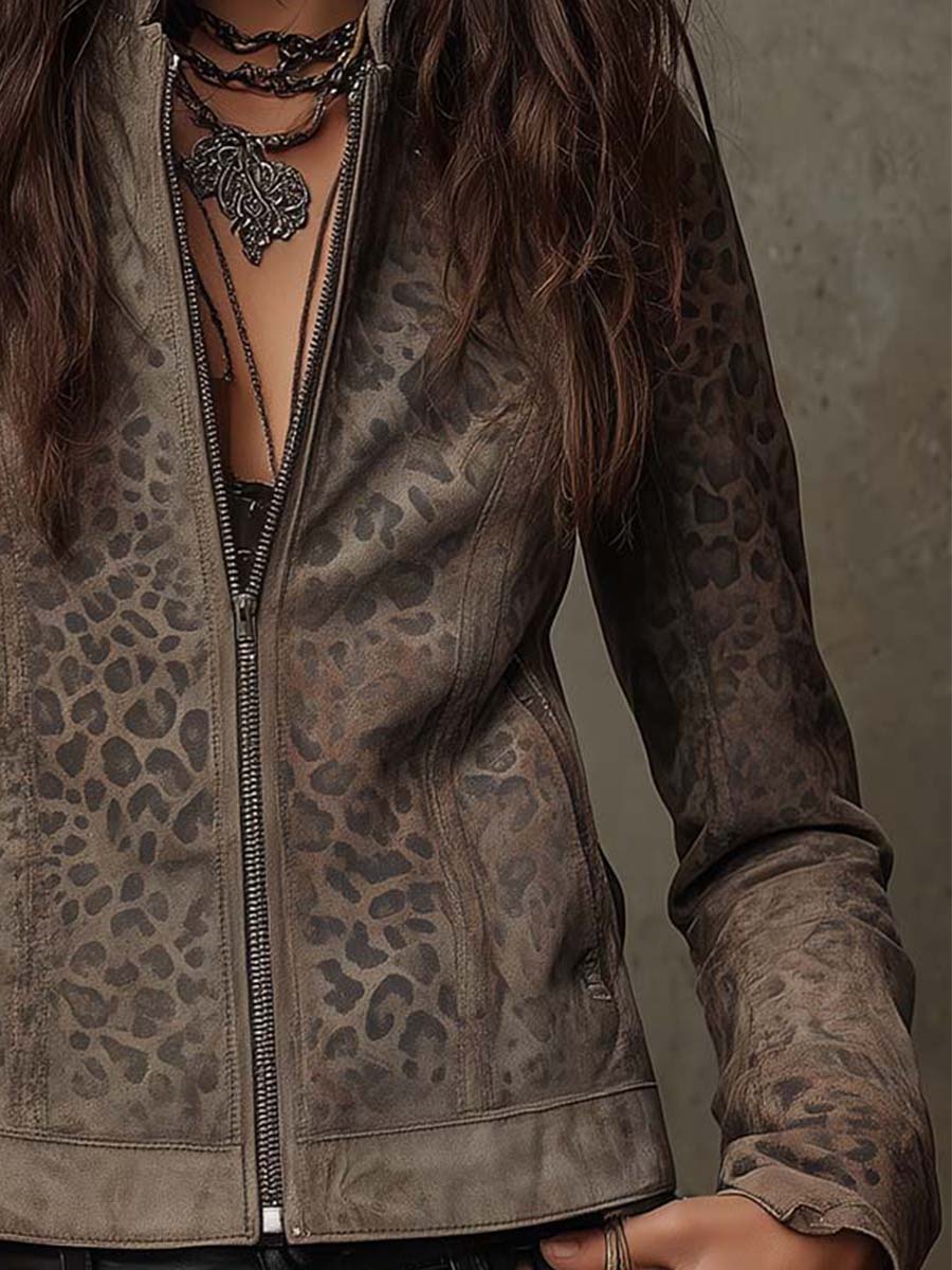 Vintage Leopard-Print Eco-Suede Jacket