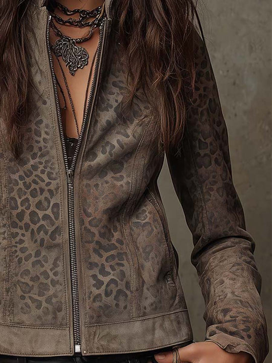 Vintage Leopard-Print Eco-Suede Jacket