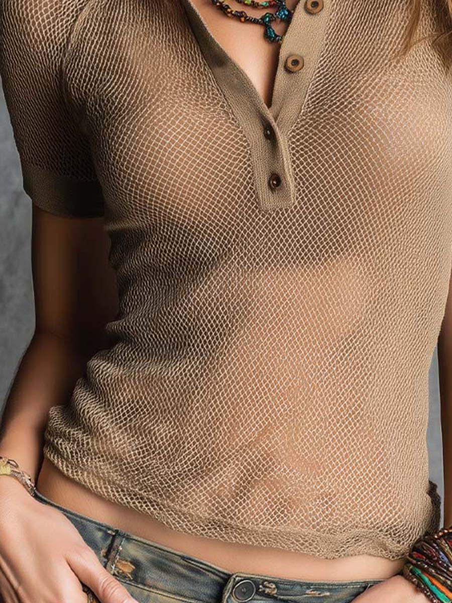 Bohemian Sheer Knit Polo Top