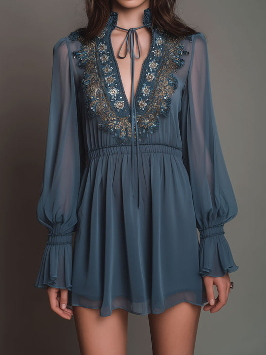 Boho Dusty Blue Tie-Neck Embroidered Chiffon Mini Dress