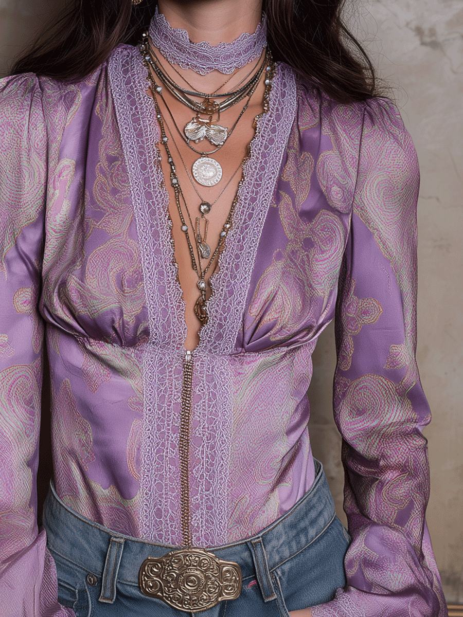 Romantic Lavender Satin Deep-V Boho Blouse