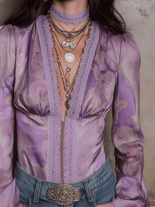Romantic Lavender Satin Deep-V Boho Blouse