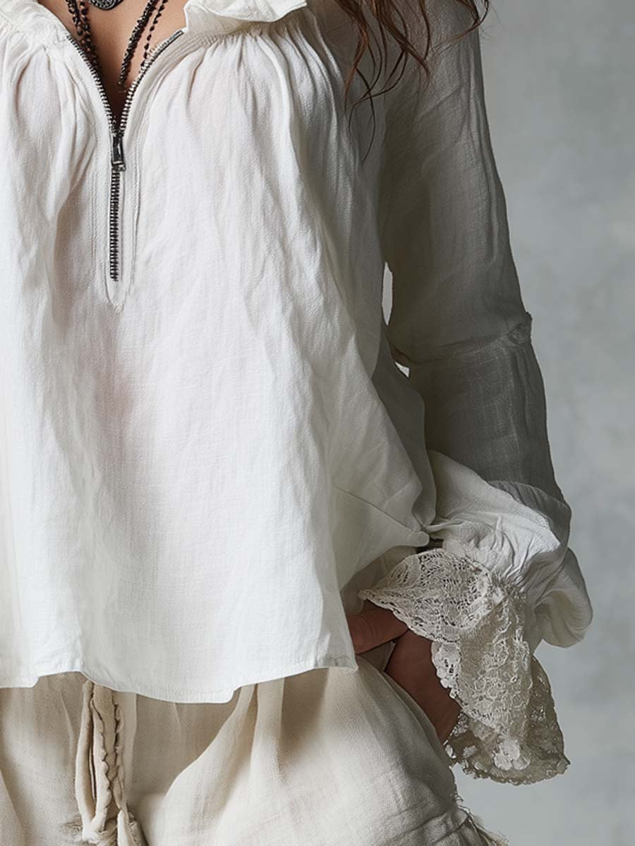 Vintage Zippered Pleated Neck Ruffle Cuffs Blouse