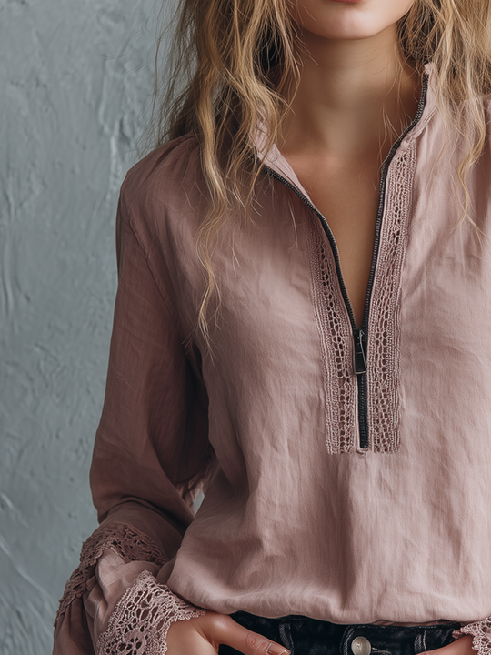 Vintage Zipper Collar Lace Cuffs Long Sleeve Blouse