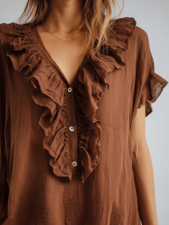 Vintage Brown Ruffled V-Neck Boho Blouse
