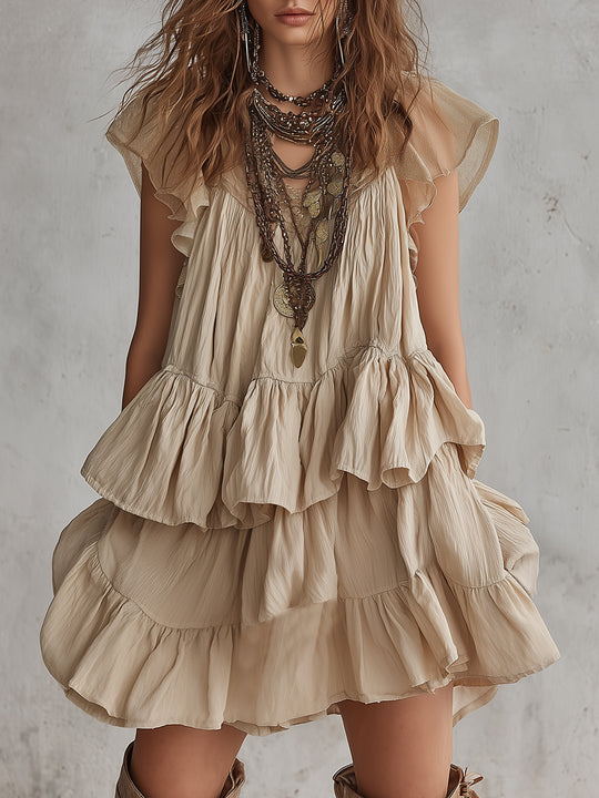 Bohemian Style Chiffon Patchwork Multi-layered Ruffle Mini Dress