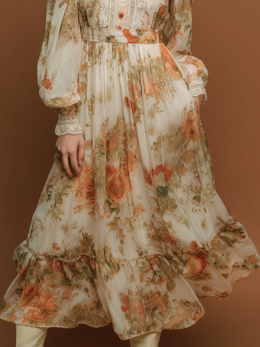 Bohemian Holiday Printed Lace Chiffon Midi Dress