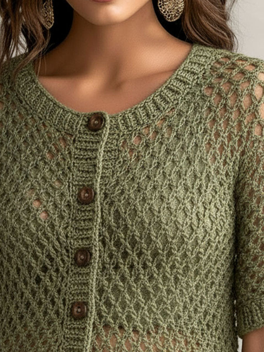 Boho Olive Green Handcrafted Open Knit Button Cardigan