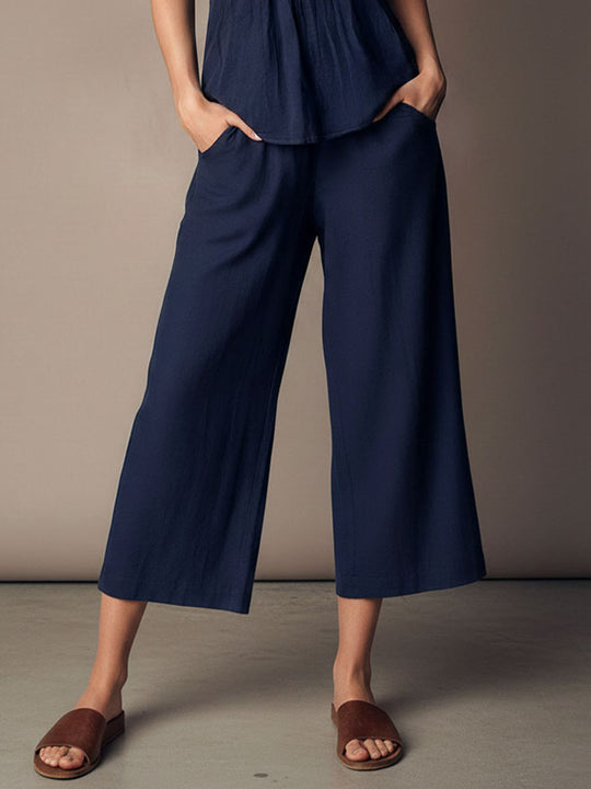 Navy Lace-Trim V-Neck Button Camisole & Wide-Leg Pants Set