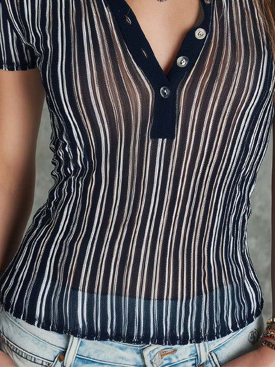 Bohemian Sheer Stripe Henley Knit Top