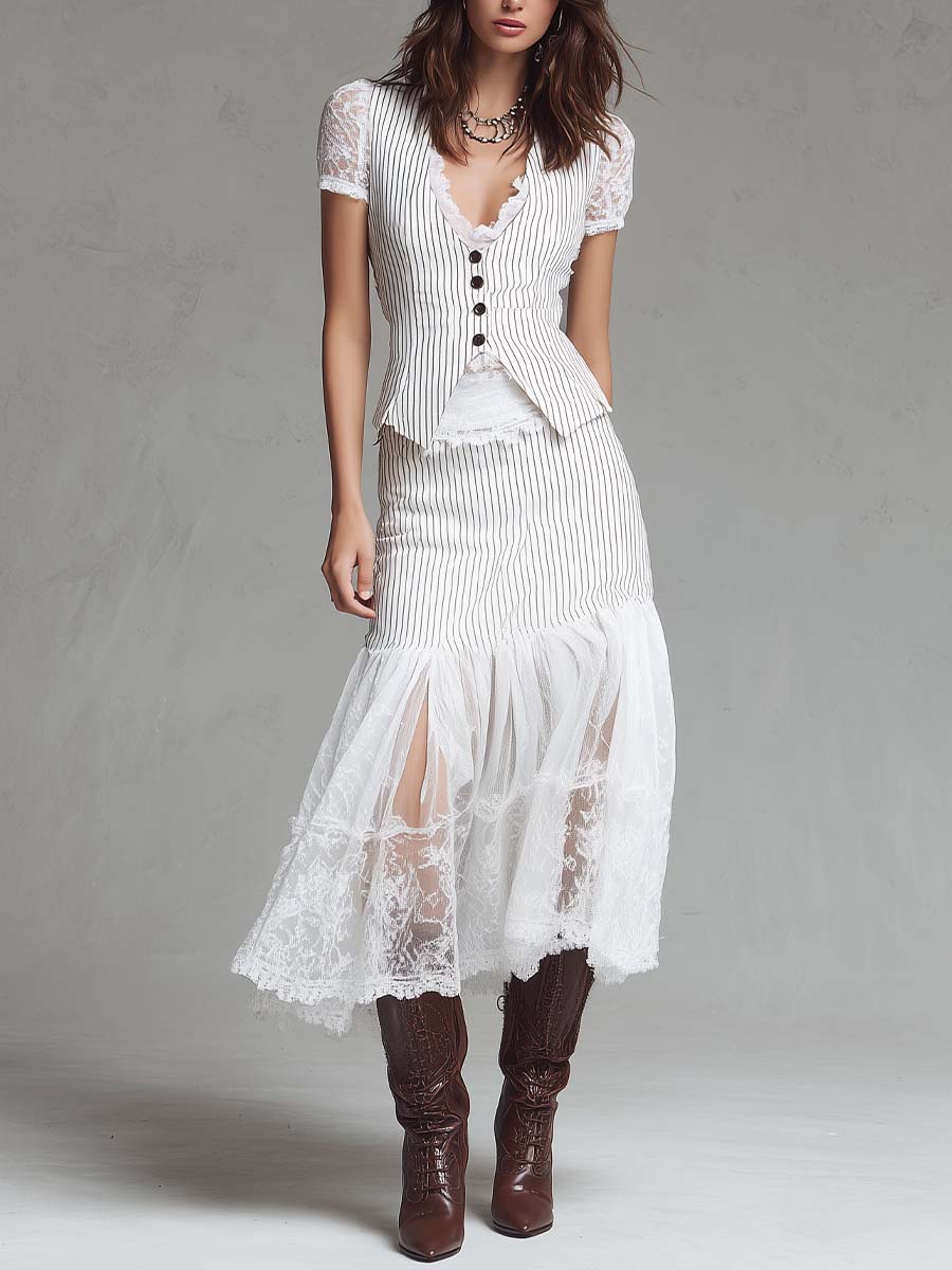 Classic Pinstripe Lace-Panel Vest & Midi Skirt Set