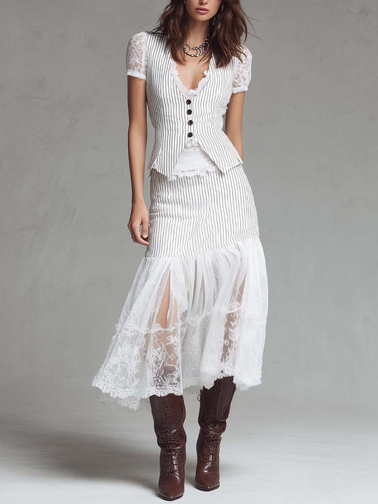 Classic Pinstripe Lace-Panel Vest & Midi Skirt Set