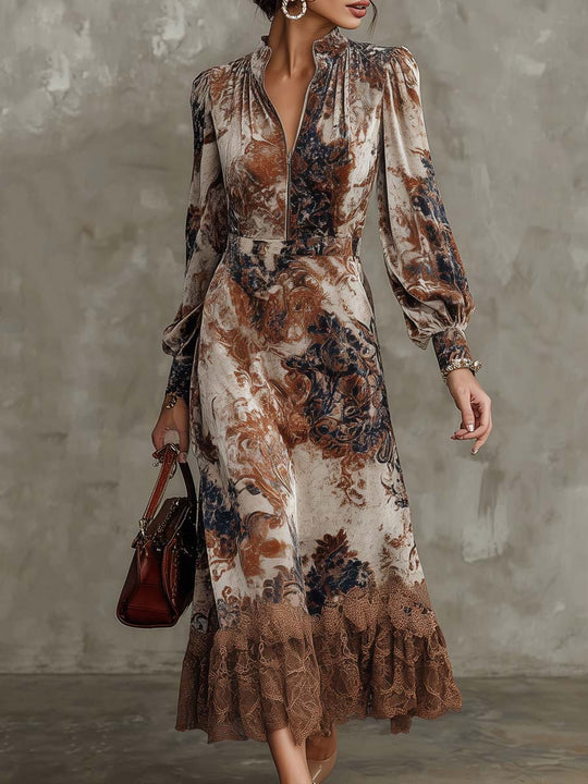 Retro Zip-up Collar Baroque Polyester Velvet Midi Dress