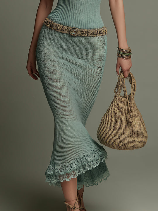 Bohemian Holiday Knitted Halter-neck Fishtail Midi Dress With Lace Trim