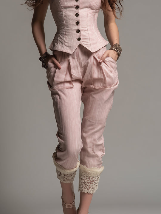 Casual Vest & Cropped Carrot Pants Set With Lace Trim